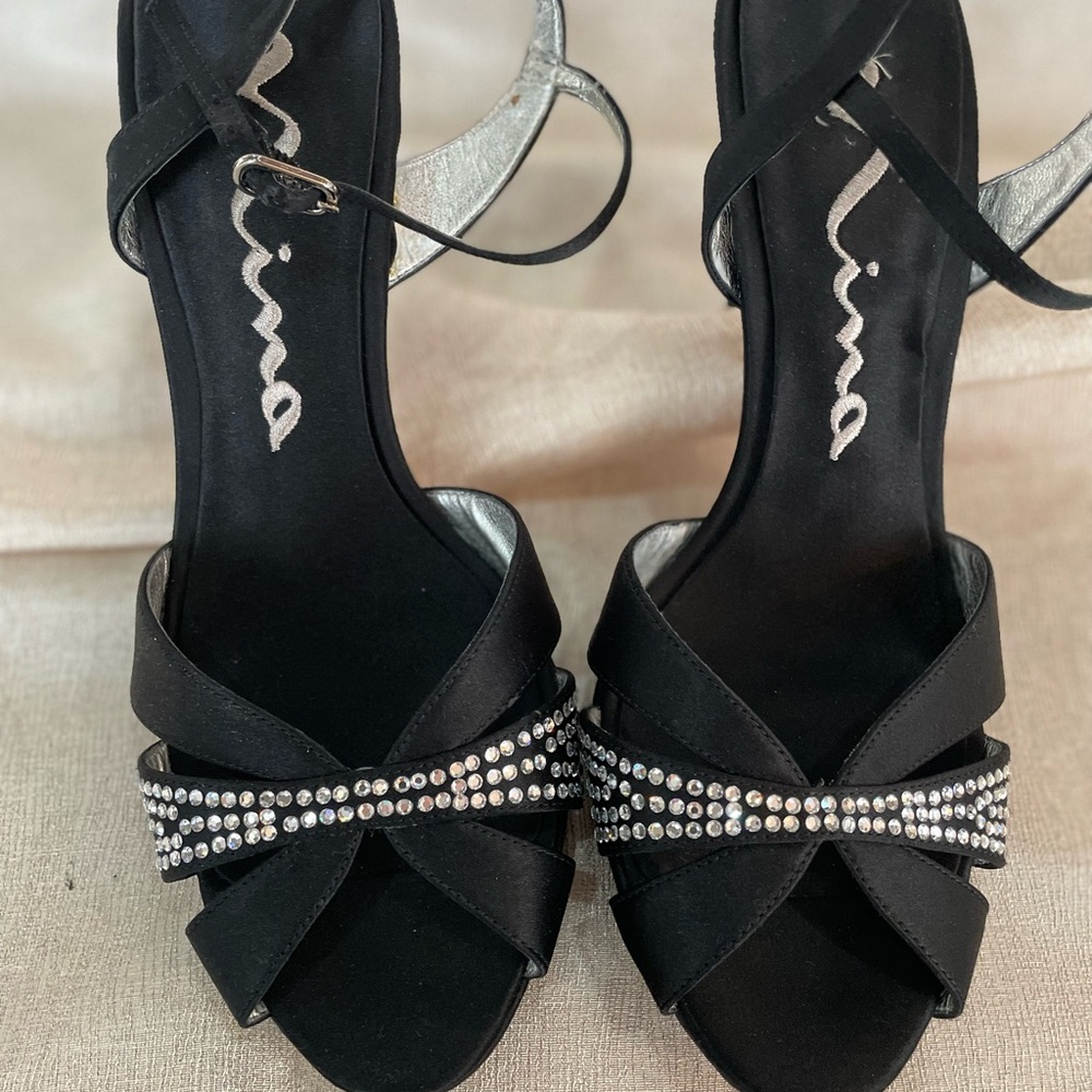 Nina Black Strappy Sandals with Rhinestone Detail
